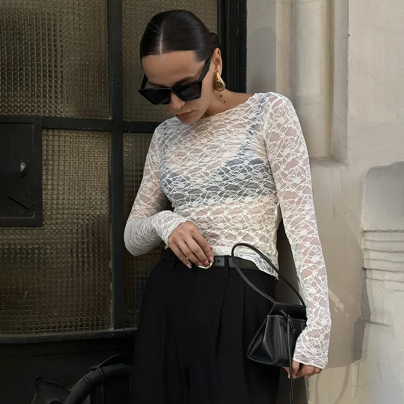 Long Sleeve T Shirts For Women Aesthetic Clothes O-neck Ropa Mujer See Through Lace Crop Top Slim Fit Camisetas Y2k Accessories
