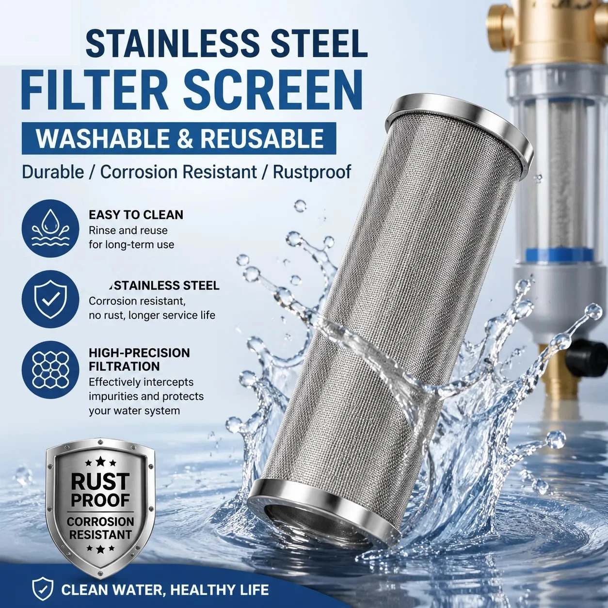 10 Inch 304/316 Stainless Steel Filter Screen Washable High Temp Resistant Universal Pre Filter Home Water Purifier