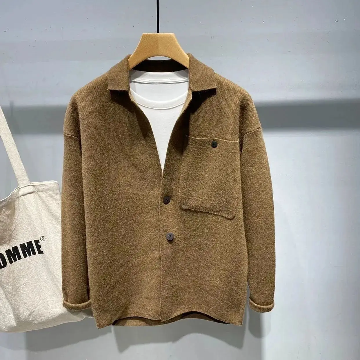 Mens Knit Cardigan Shirt Collar Open Front Solid Color Pocket Japanese Loose Fit Spring Summer