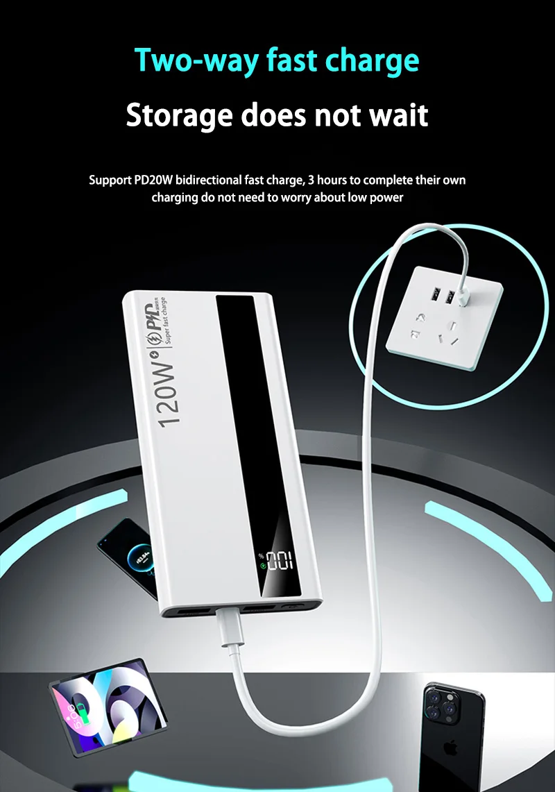 New 120W 200000mAh High Capacity Power Bank Super Fast Charging Power Bank Portable Battery Charger For iPhone Samsung Huawei