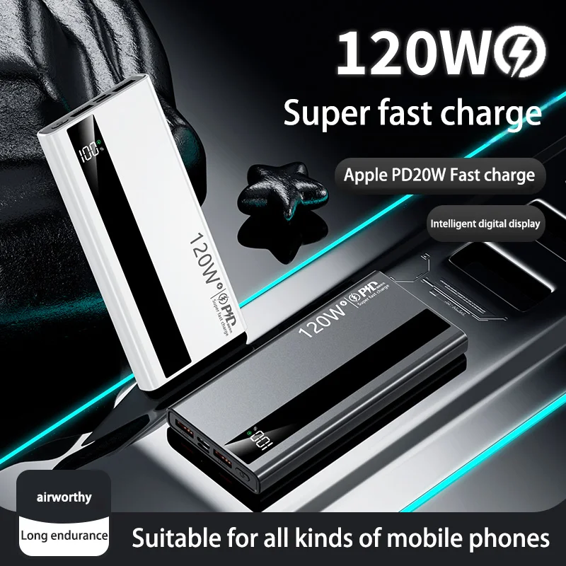 New 120W 200000mAh High Capacity Power Bank Super Fast Charging Power Bank Portable Battery Charger For iPhone Samsung Huawei