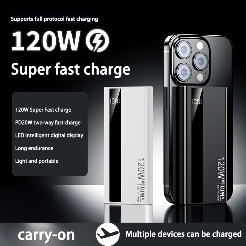 New 120W 200000mAh High Capacity Power Bank Super Fast Charging Power Bank Portable Battery Charger For iPhone Samsung Huawei