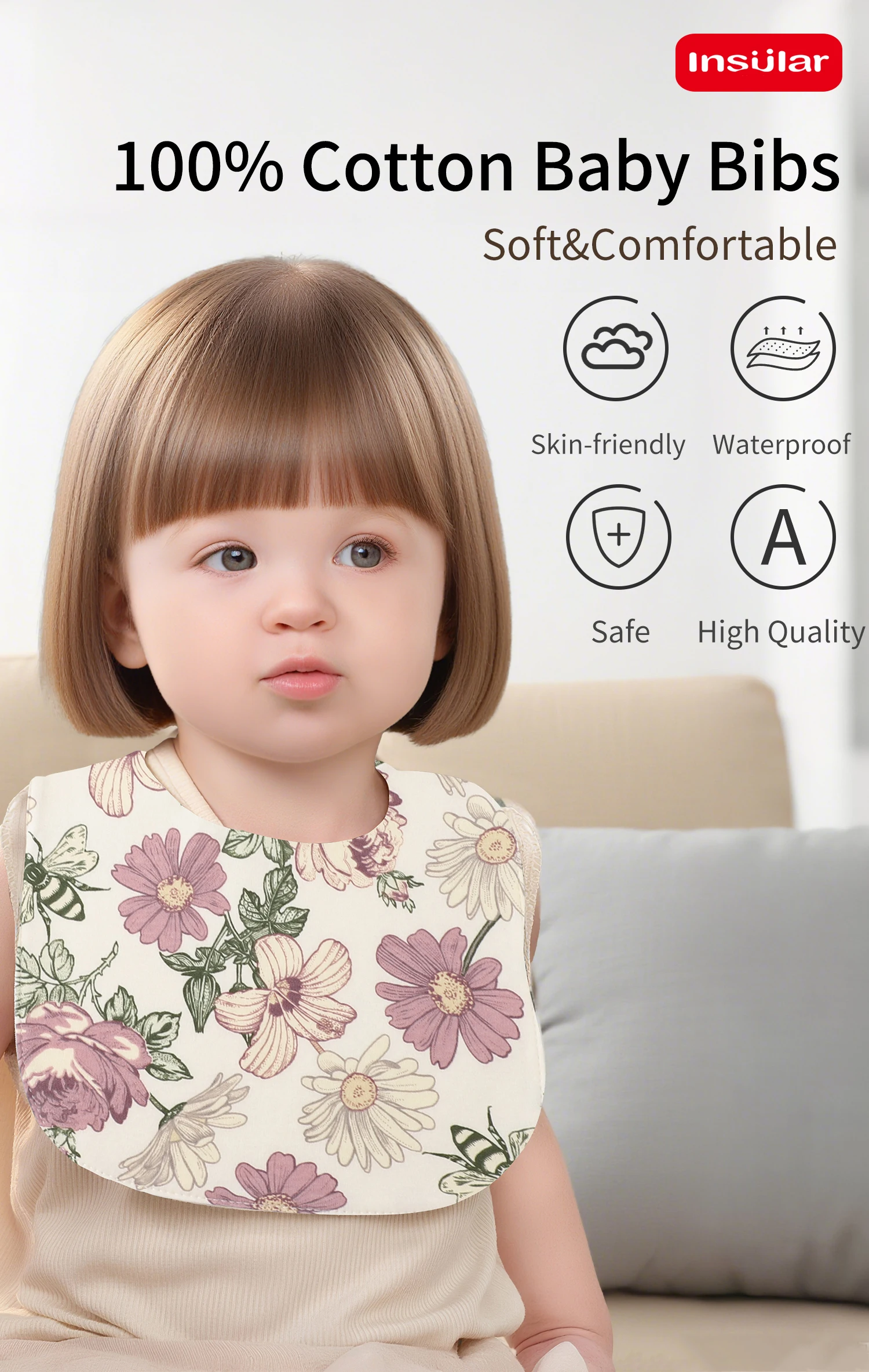 INSULAR Cotton Baby Bibs Reusable Saliva Towel Good Absorption Soft 100% Cotton Gauze Cartoon Print Adjustable Baby Feeding Bibs