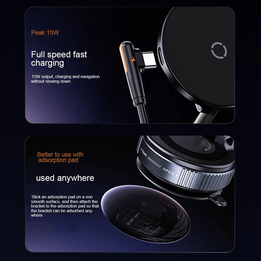 New Magnetic 15W Wireless Charger Car Phone Holder 360 Degree Rotation Foldable Suction Cup Navigation Phone Holder Bracket