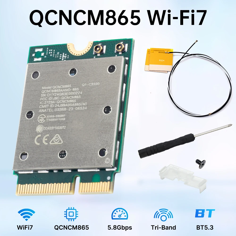 Fenvi WiFi 7 QCNCM865 M.2 Card Bluetooth 5.3 Up to 5.8Gbps with Antennas Wireless Network Adapter WiFi 6E WiFi6 for Windows 11