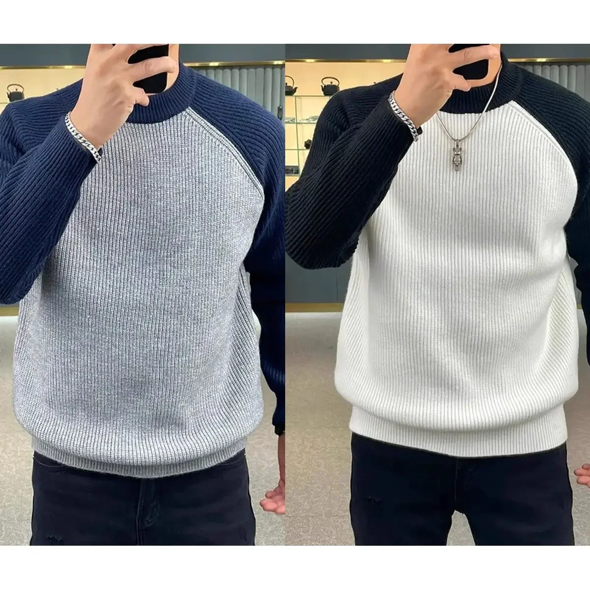 Autumn Winter Mens Sweaters Casual Warm Loose Fashion Patchwork Pullover Retro Harajuku Round Neck Knitted Bottoming Shirt