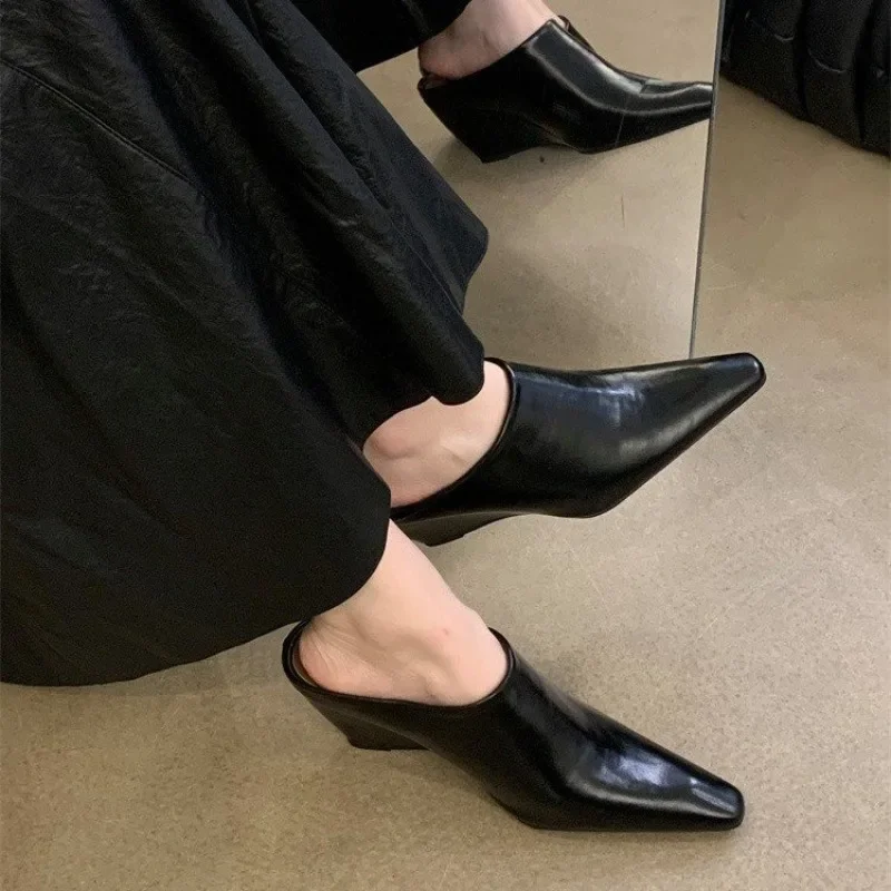Outside Wear Baotou Half Drag Women Pointed Toe Deep Mouth Soft Leather Lazy Wedge Heel High Heel Sandals and Slippers