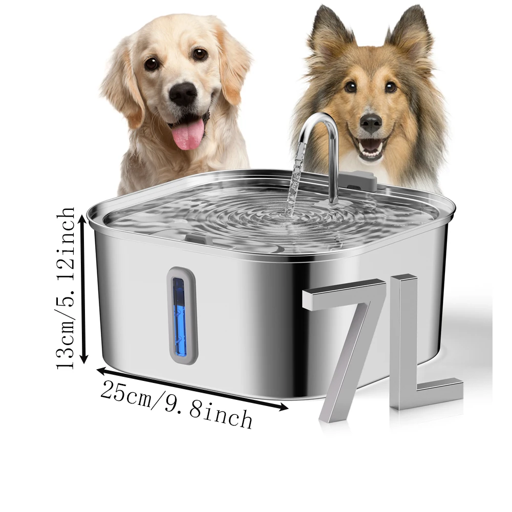 14L/7L Automatic Dog Water Fountain Stainless Steel Cat Pet Fountain with Window Silent Cat Dog Water Feeder( No 5V 1A Plug