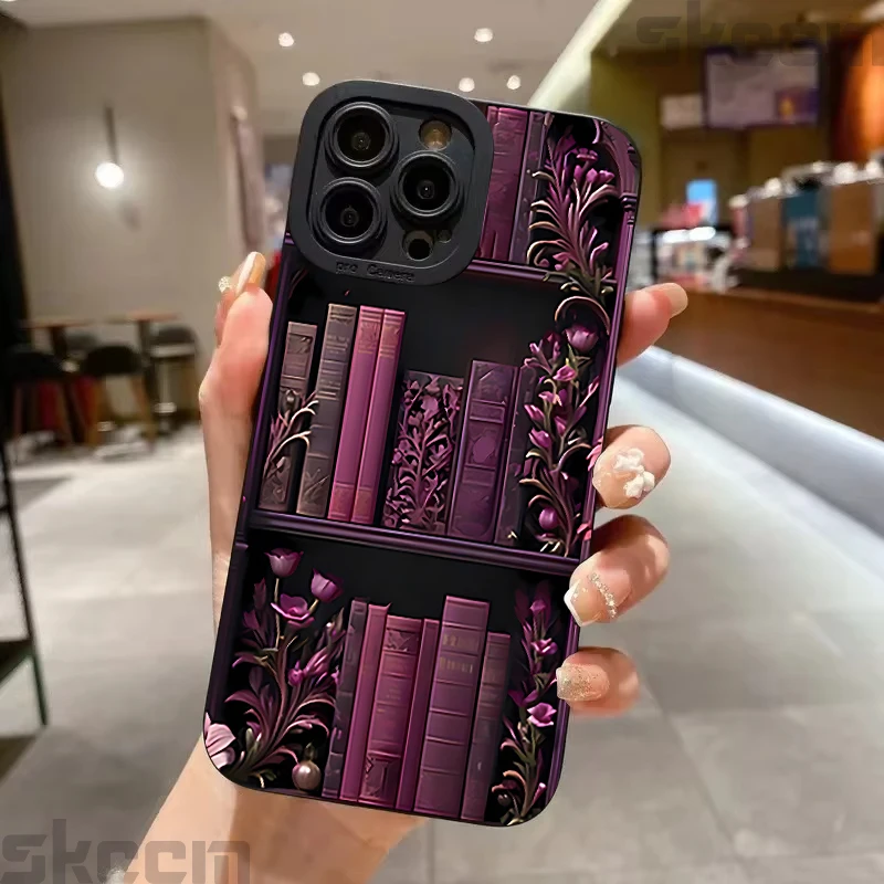 Vintage Purple Bookcase Painted Phone Case For iPhone 16 15 14 13 12 11 Pro Max Mini XS X XR 7 8 16 Plus Silicone Soft Cover
