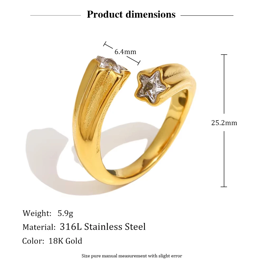 MamacitaSlay Creative 316L Stainless Steel Star Zircon Open End Ring Party Waterproof Jewelry Women's Ring High Quality Gift