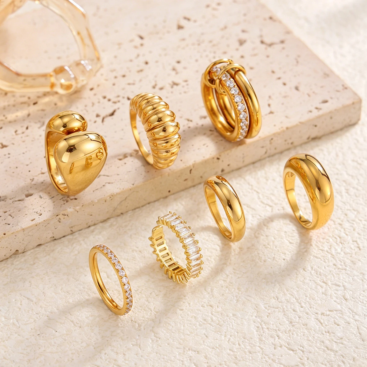 Ingemark Luxury Stainless Steel 18K PVD Gold Plated Rings for Women Shiny Zircon Stackable Open Rings Waterproof Jewelry Gifts