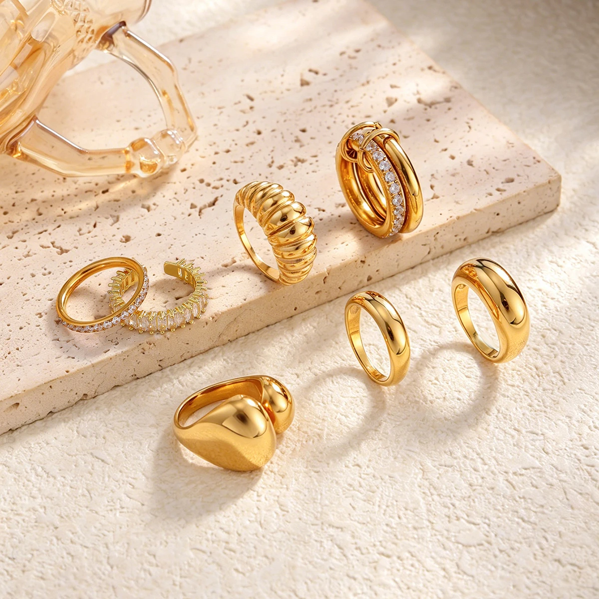 Ingemark Luxury Stainless Steel 18K PVD Gold Plated Rings for Women Shiny Zircon Stackable Open Rings Waterproof Jewelry Gifts
