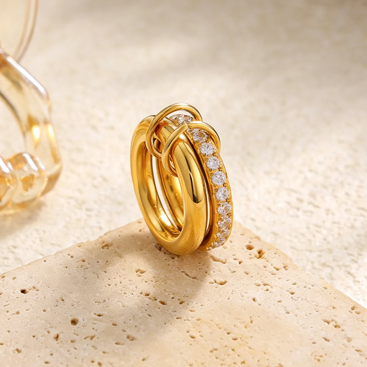 Ingemark Luxury Stainless Steel 18K PVD Gold Plated Rings for Women Shiny Zircon Stackable Open Rings Waterproof Jewelry Gifts