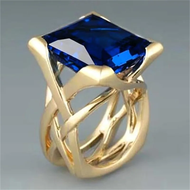Huitan Cross Hollow Design Women Gold Color Ring Inlaid Bright White/Blue CZ Fashion Wedding Accessories Elegant Party Jewelry