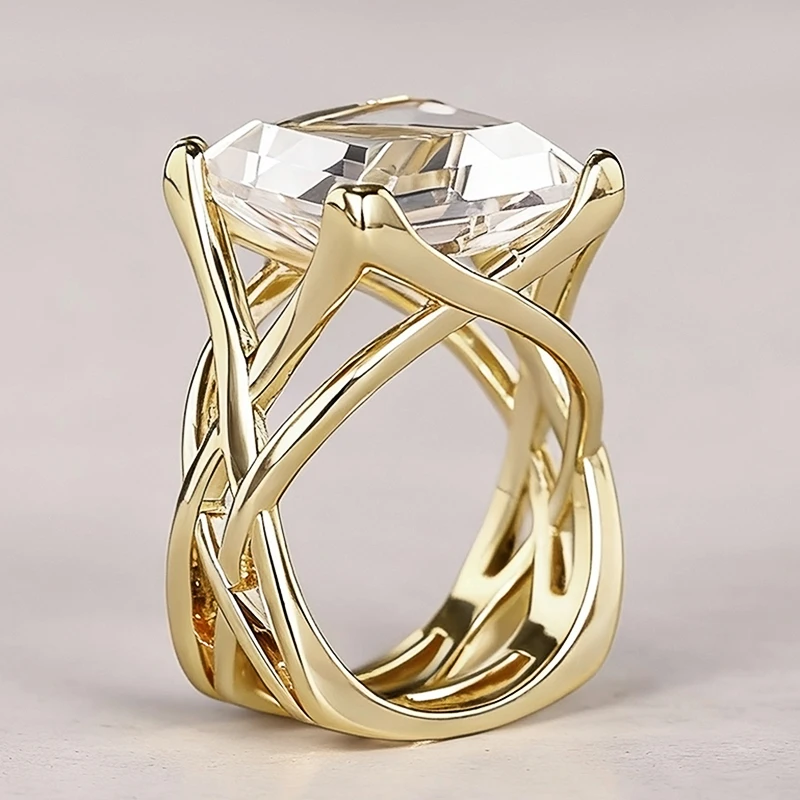 Huitan Cross Hollow Design Women Gold Color Ring Inlaid Bright White/Blue CZ Fashion Wedding Accessories Elegant Party Jewelry