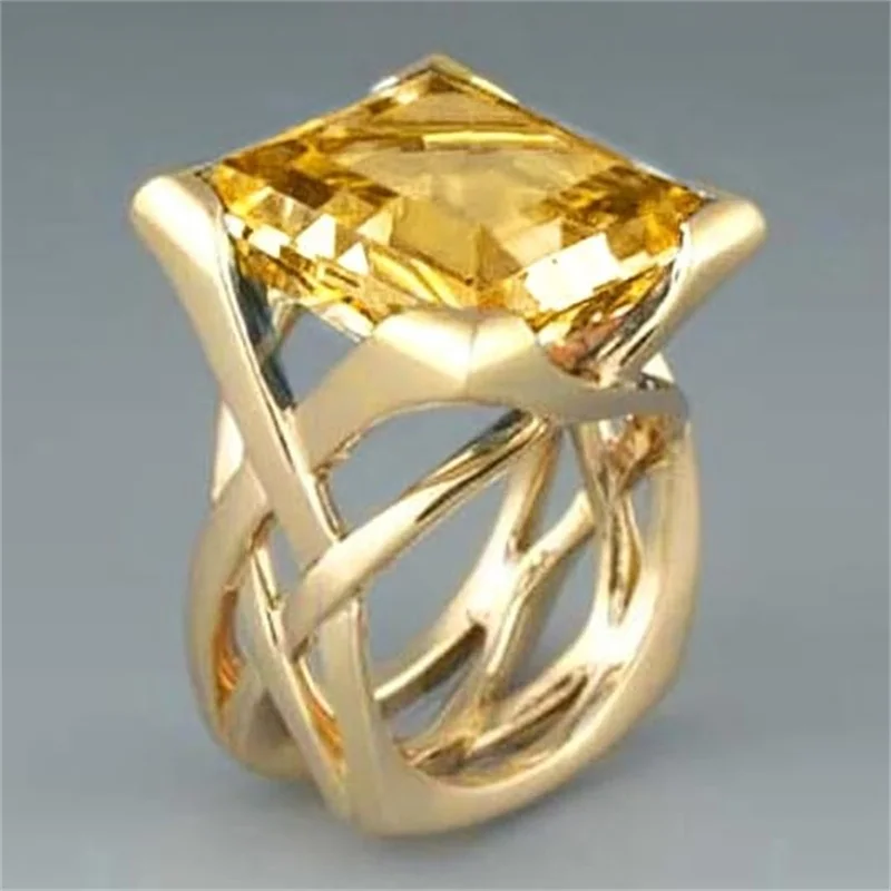 Huitan Cross Hollow Design Women Gold Color Ring Inlaid Bright White/Blue CZ Fashion Wedding Accessories Elegant Party Jewelry