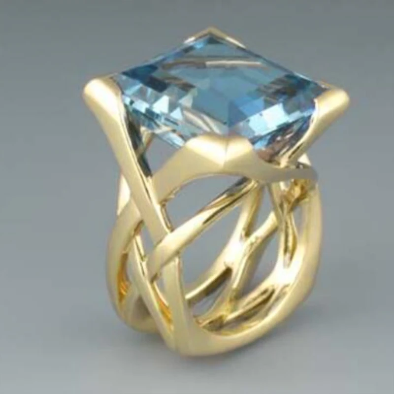 Huitan Cross Hollow Design Women Gold Color Ring Inlaid Bright White/Blue CZ Fashion Wedding Accessories Elegant Party Jewelry