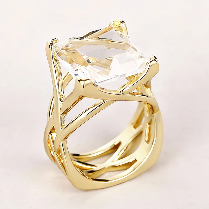 Huitan Cross Hollow Design Women Gold Color Ring Inlaid Bright White/Blue CZ Fashion Wedding Accessories Elegant Party Jewelry