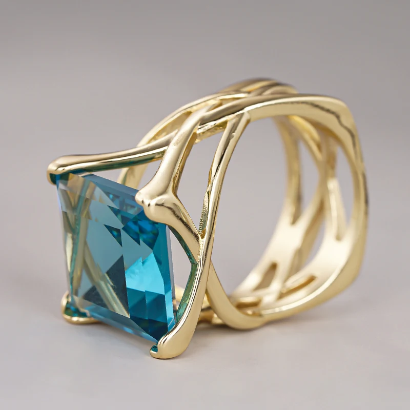 Huitan Cross Hollow Design Women Gold Color Ring Inlaid Bright White/Blue CZ Fashion Wedding Accessories Elegant Party Jewelry