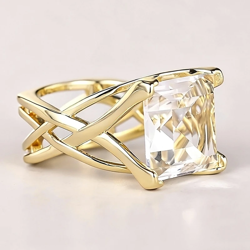 Huitan Cross Hollow Design Women Gold Color Ring Inlaid Bright White/Blue CZ Fashion Wedding Accessories Elegant Party Jewelry