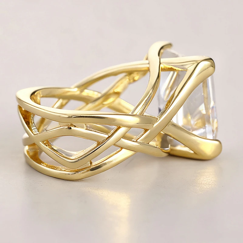 Huitan Cross Hollow Design Women Gold Color Ring Inlaid Bright White/Blue CZ Fashion Wedding Accessories Elegant Party Jewelry