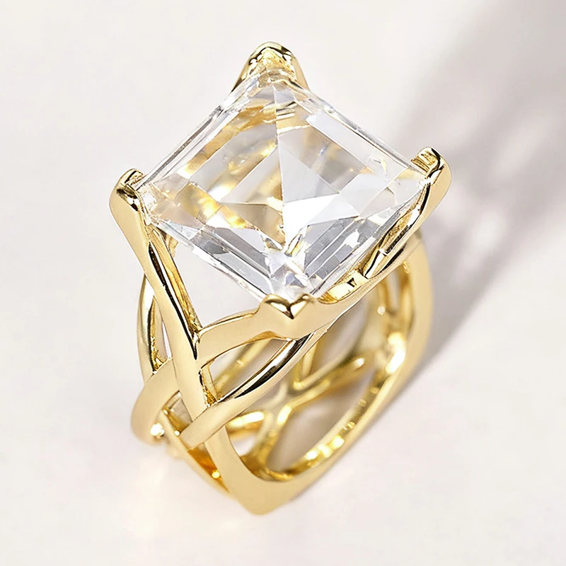 Huitan Cross Hollow Design Women Gold Color Ring Inlaid Bright White/Blue CZ Fashion Wedding Accessories Elegant Party Jewelry