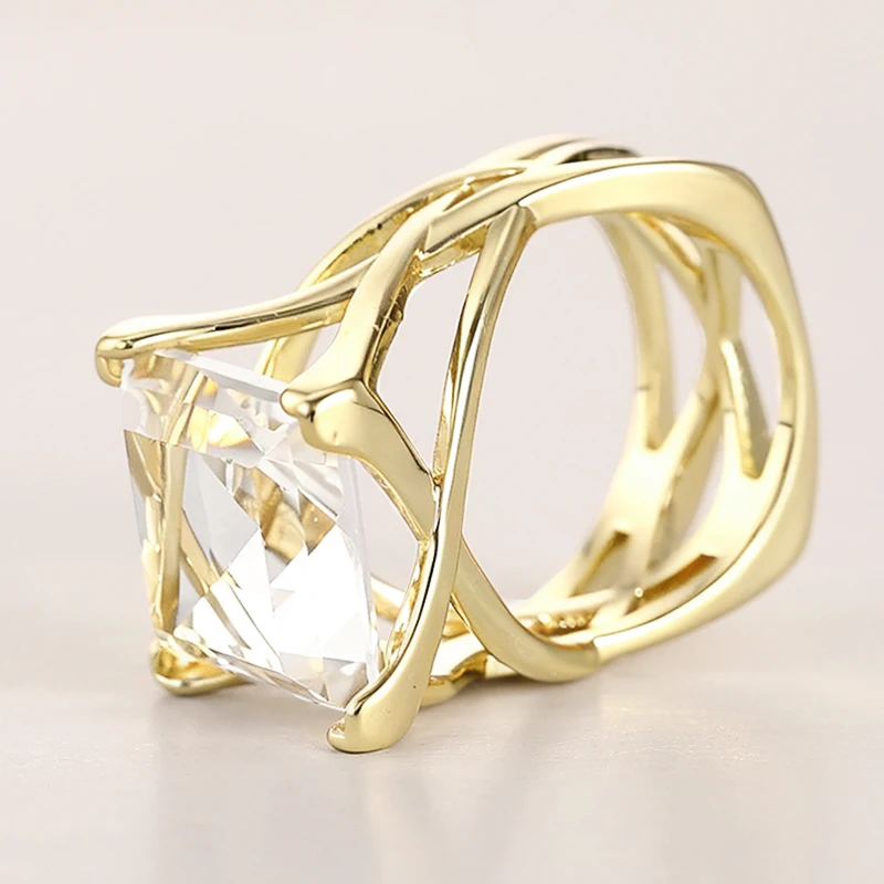 Huitan Cross Hollow Design Women Gold Color Ring Inlaid Bright White/Blue CZ Fashion Wedding Accessories Elegant Party Jewelry