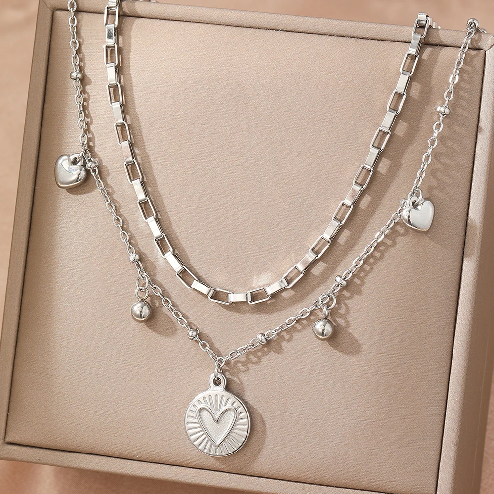 woiwoi Stainless Steel Necklace Luxury Exquisite Peach Heart Double Layer Bone Chain Ladies Jewelry Birthday Anniversary Gift