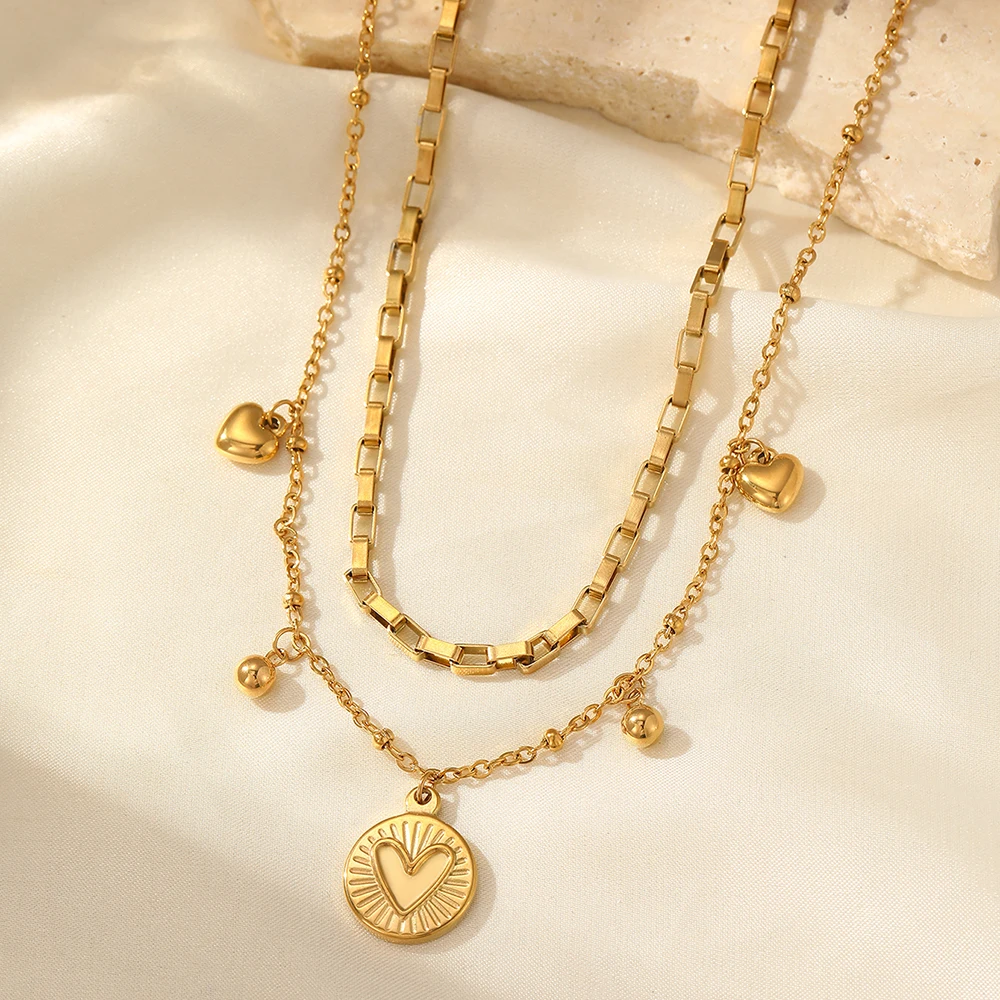 woiwoi Stainless Steel Necklace Luxury Exquisite Peach Heart Double Layer Bone Chain Ladies Jewelry Birthday Anniversary Gift
