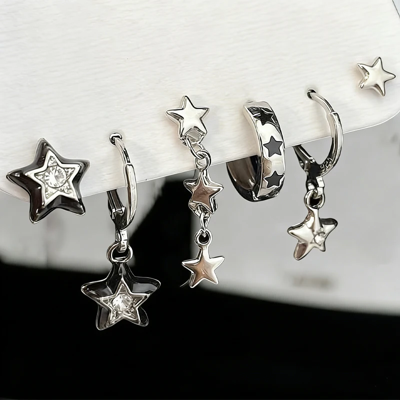 6Pcs Y2K Star Earrings Set For Women Fashion Goth Crystal Dangle Hoop Earrings Trendy Party Daily Wear Jewelry Birthday Gift New
