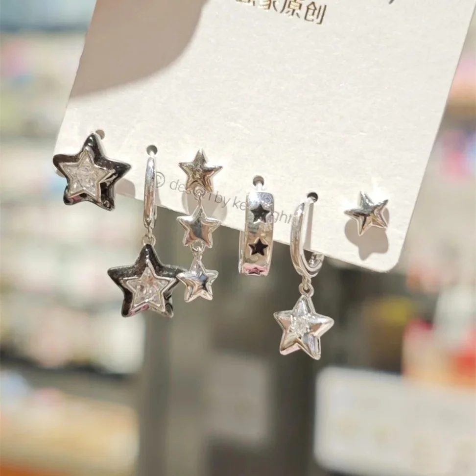 6Pcs Y2K Star Earrings Set For Women Fashion Goth Crystal Dangle Hoop Earrings Trendy Party Daily Wear Jewelry Birthday Gift New