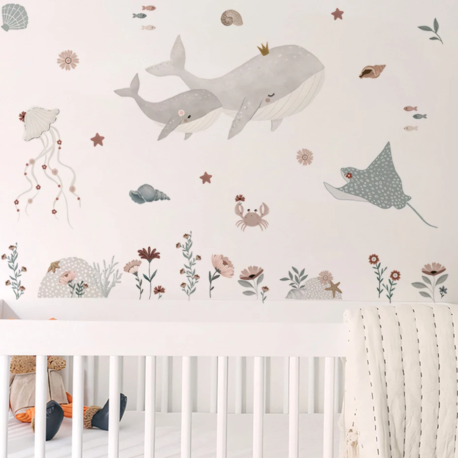 Watercolor Whale Wall Decals Ocean Animal Wall Sticker Under The Sea Marine Life Theme Decals Nursery Kids Room Decor