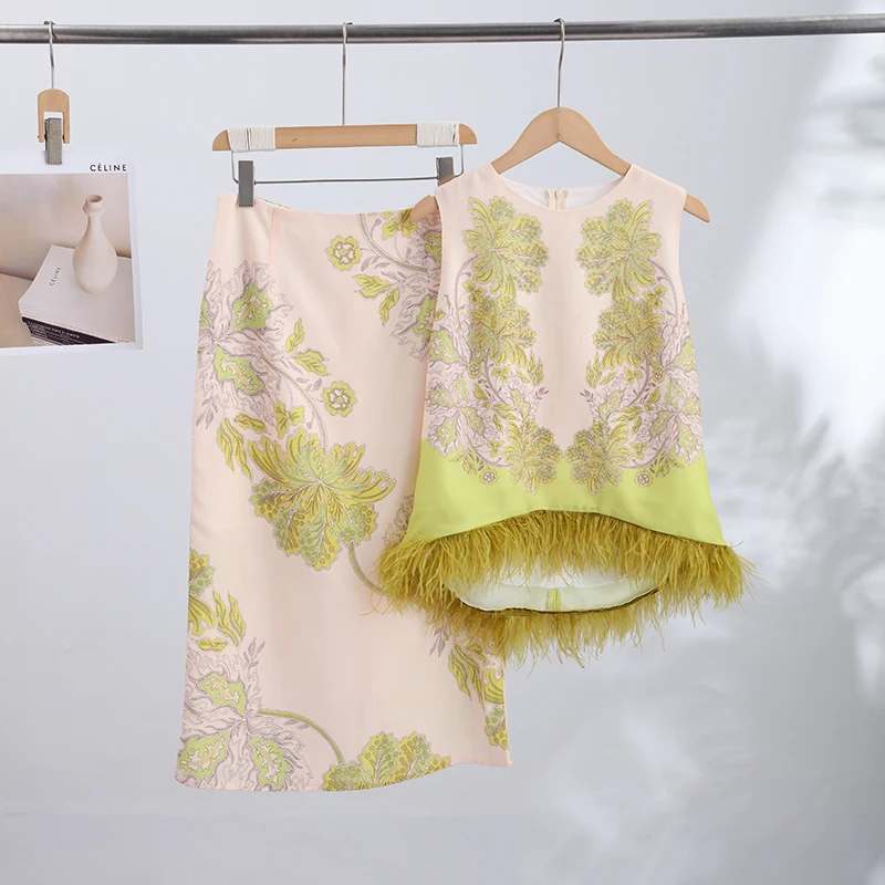 Feather Fringe Floral Print Women's 2Pcs Skirt Sets Sleeveless Top High Waist Midi Skirt Elegant Vacation Party Matching Outfit