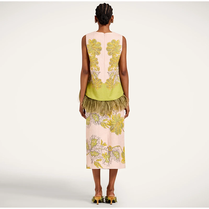 Feather Fringe Floral Print Women's 2Pcs Skirt Sets Sleeveless Top High Waist Midi Skirt Elegant Vacation Party Matching Outfit