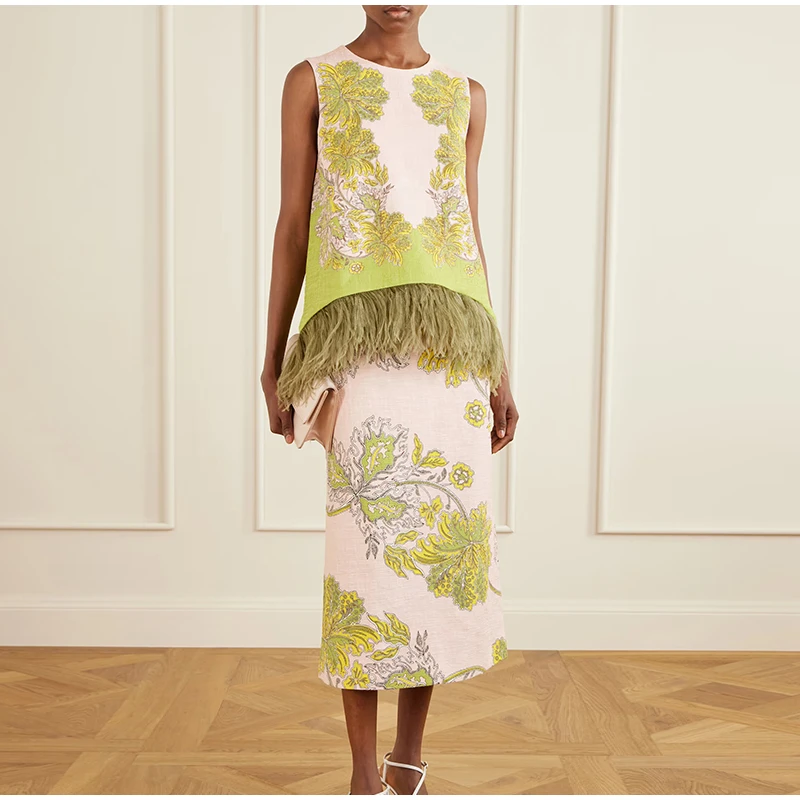 Feather Fringe Floral Print Women's 2Pcs Skirt Sets Sleeveless Top High Waist Midi Skirt Elegant Vacation Party Matching Outfit