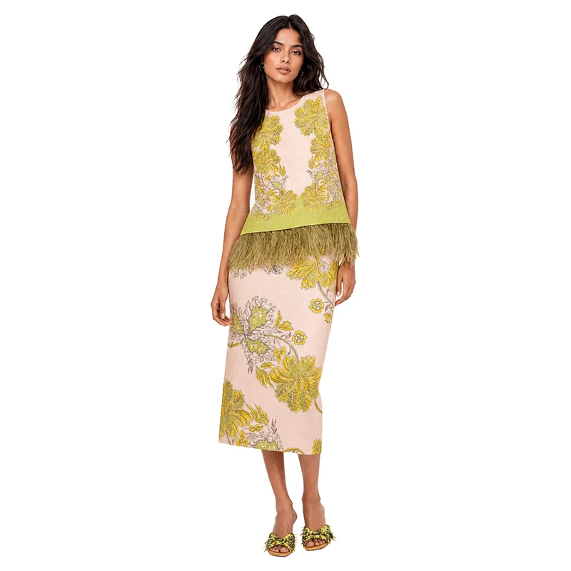 Feather Fringe Floral Print Women's 2Pcs Skirt Sets Sleeveless Top High Waist Midi Skirt Elegant Vacation Party Matching Outfit