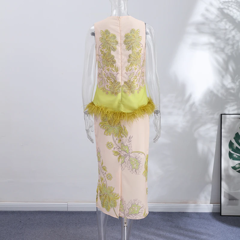 Feather Fringe Floral Print Women's 2Pcs Skirt Sets Sleeveless Top High Waist Midi Skirt Elegant Vacation Party Matching Outfit