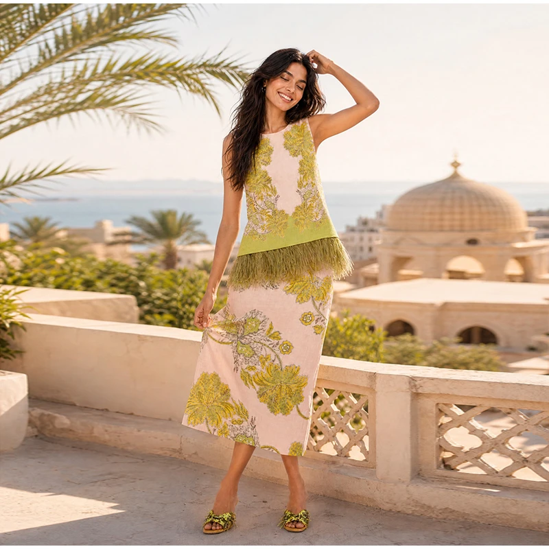 Feather Fringe Floral Print Women's 2Pcs Skirt Sets Sleeveless Top High Waist Midi Skirt Elegant Vacation Party Matching Outfit