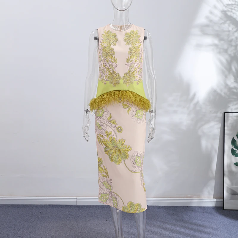 Feather Fringe Floral Print Women's 2Pcs Skirt Sets Sleeveless Top High Waist Midi Skirt Elegant Vacation Party Matching Outfit