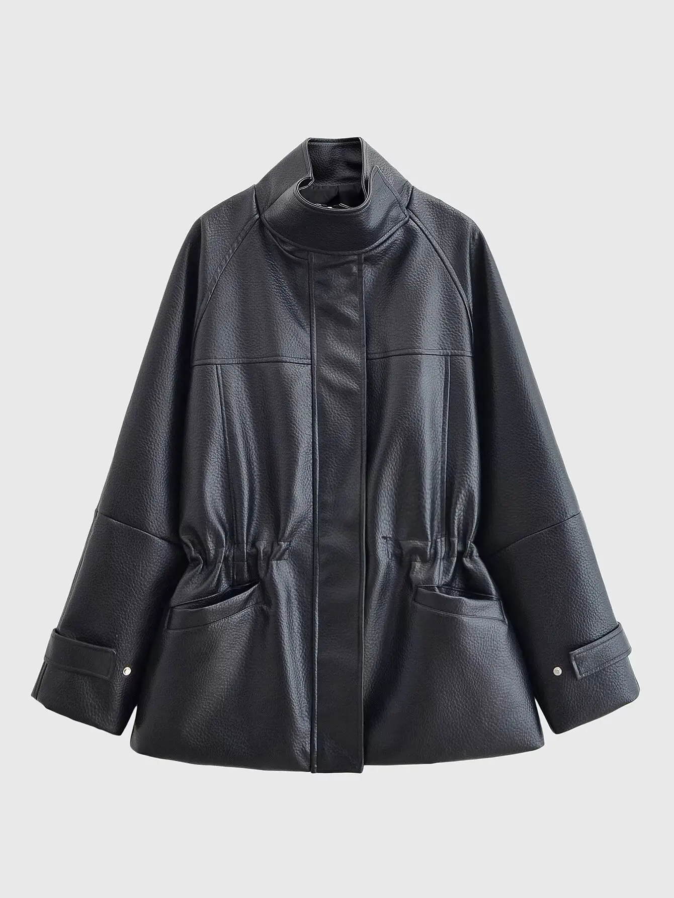 TFAFXY Women Leather Jacket Black Long Sleeve Zippers Pocket Stand Collar Female Coat 2026 Spring Autumn Lady New Outwear Y2K