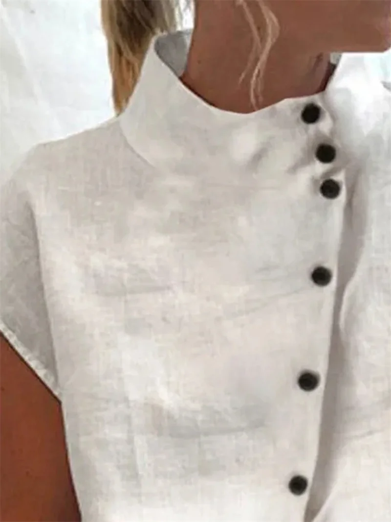 Elegant Cotton Linen Stand Neck Shirt Female 2026 Summer Simple Style Single Breasted Cardigan Tops Women's Casual Loose Blouse