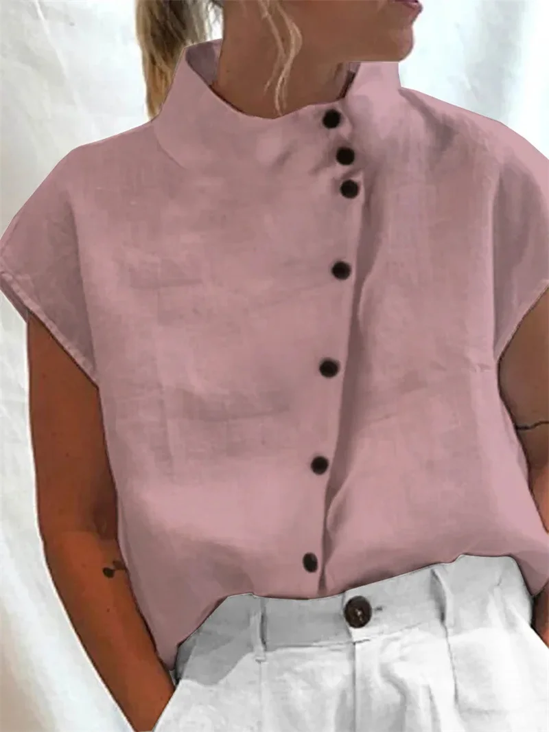 Elegant Cotton Linen Stand Neck Shirt Female 2026 Summer Simple Style Single Breasted Cardigan Tops Women's Casual Loose Blouse
