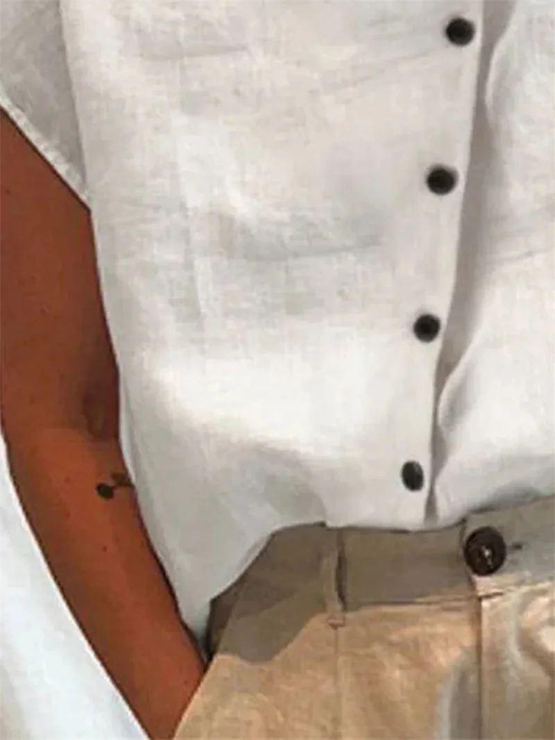 Elegant Cotton Linen Stand Neck Shirt Female 2026 Summer Simple Style Single Breasted Cardigan Tops Women's Casual Loose Blouse