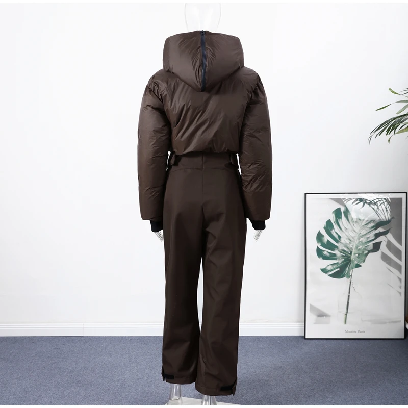 Fashion Hooded Women's Skiwear Jumpsuits Stand Collar Zipper Long Sleeve High Waist Cotton Jumpsuit 2026 Winter Warm Romper