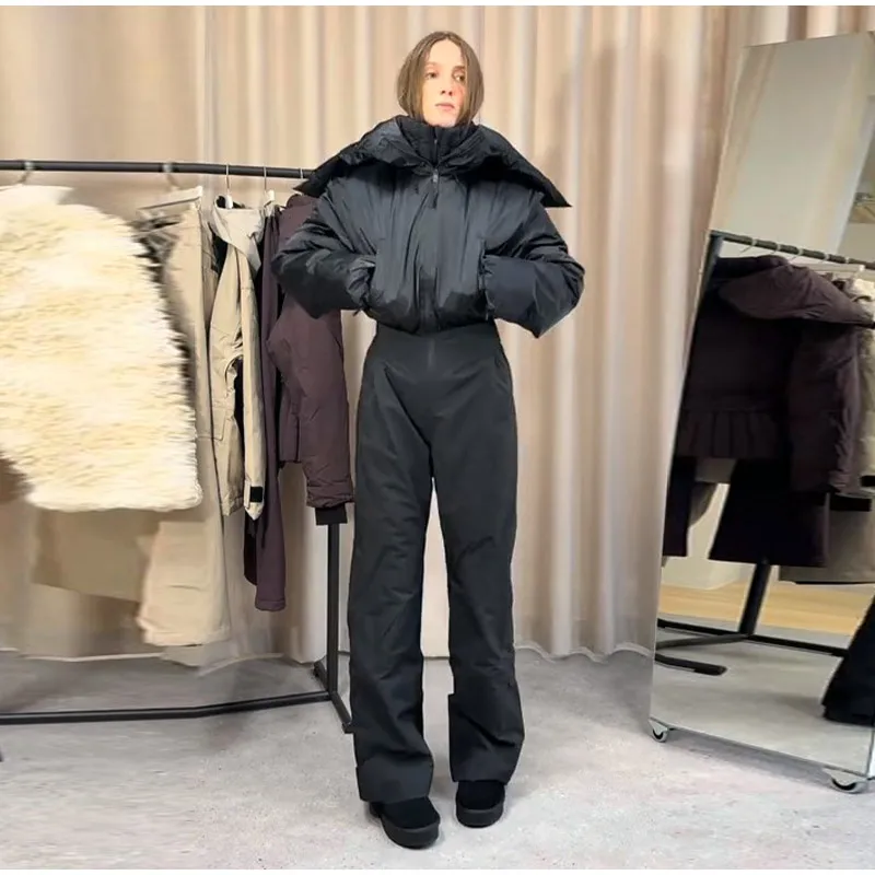 Fashion Hooded Women's Skiwear Jumpsuits Stand Collar Zipper Long Sleeve High Waist Cotton Jumpsuit 2026 Winter Warm Romper