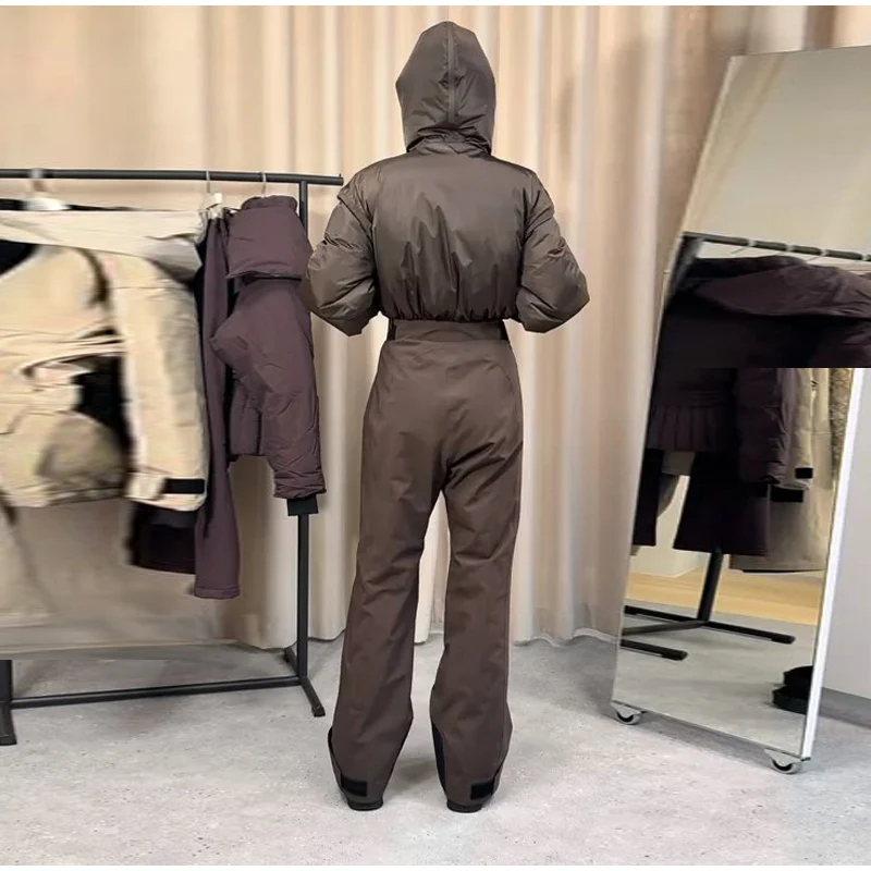 Fashion Hooded Women's Skiwear Jumpsuits Stand Collar Zipper Long Sleeve High Waist Cotton Jumpsuit 2026 Winter Warm Romper
