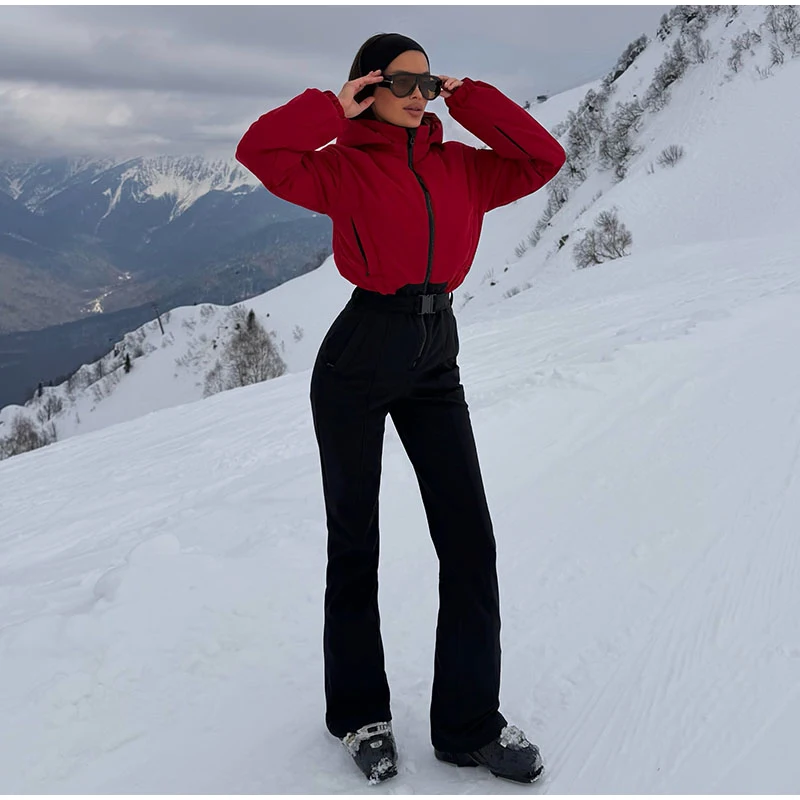 Fashion Hooded Women's Skiwear Jumpsuits Stand Collar Zipper Long Sleeve High Waist Cotton Jumpsuit 2026 Winter Warm Romper