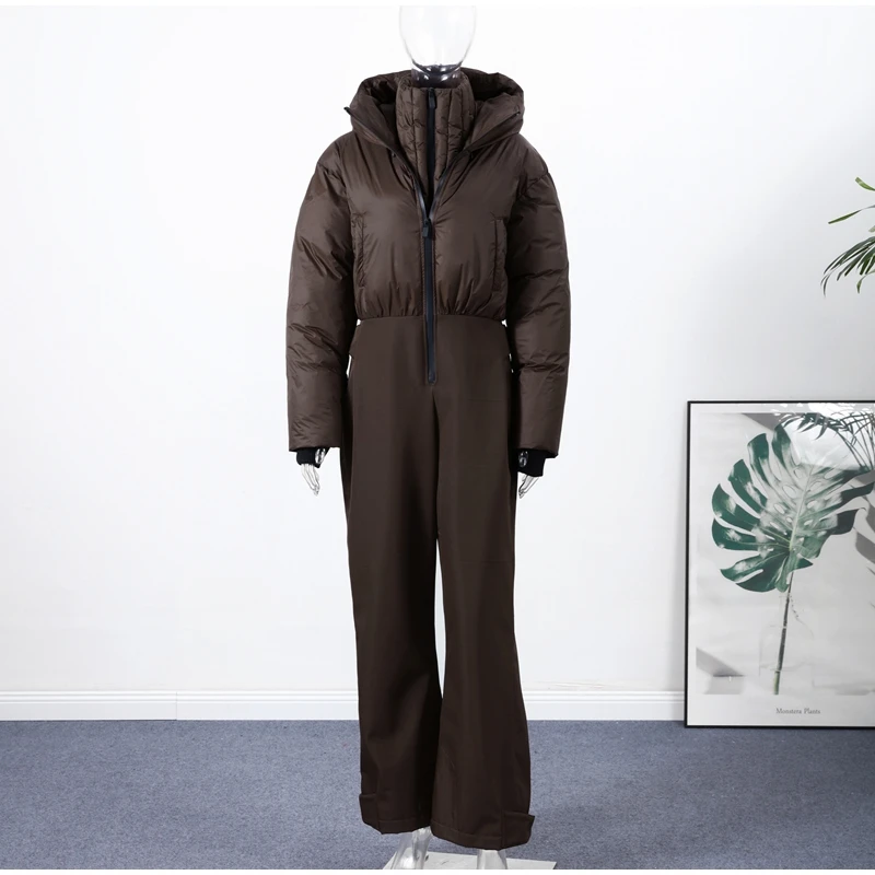 Fashion Hooded Women's Skiwear Jumpsuits Stand Collar Zipper Long Sleeve High Waist Cotton Jumpsuit 2026 Winter Warm Romper