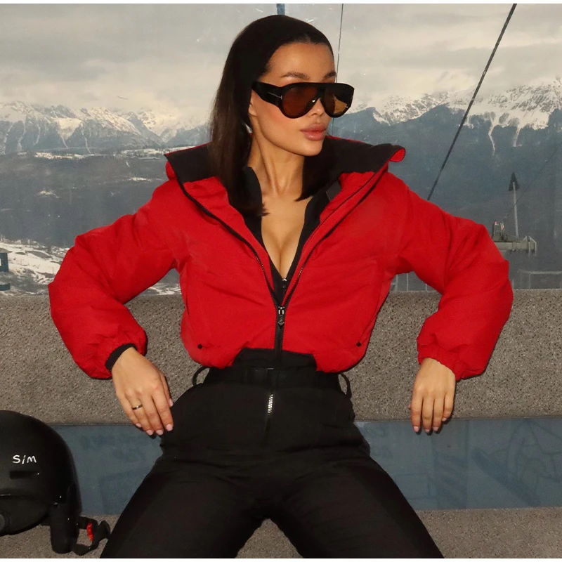 Fashion Hooded Women's Skiwear Jumpsuits Stand Collar Zipper Long Sleeve High Waist Cotton Jumpsuit 2026 Winter Warm Romper