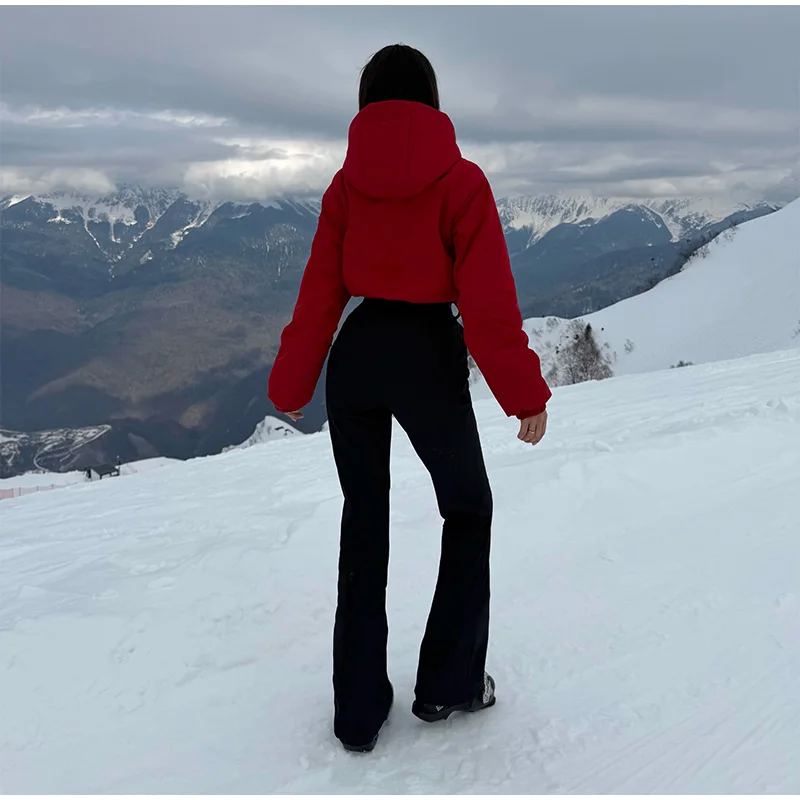 Fashion Hooded Women's Skiwear Jumpsuits Stand Collar Zipper Long Sleeve High Waist Cotton Jumpsuit 2026 Winter Warm Romper
